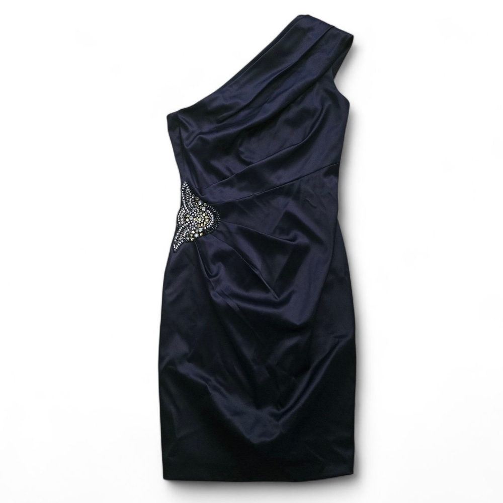 Eliza J Black One Shoulder Beaded Cocktail Dress Size 6 Satin Party Holiday - Picture 3 of 8